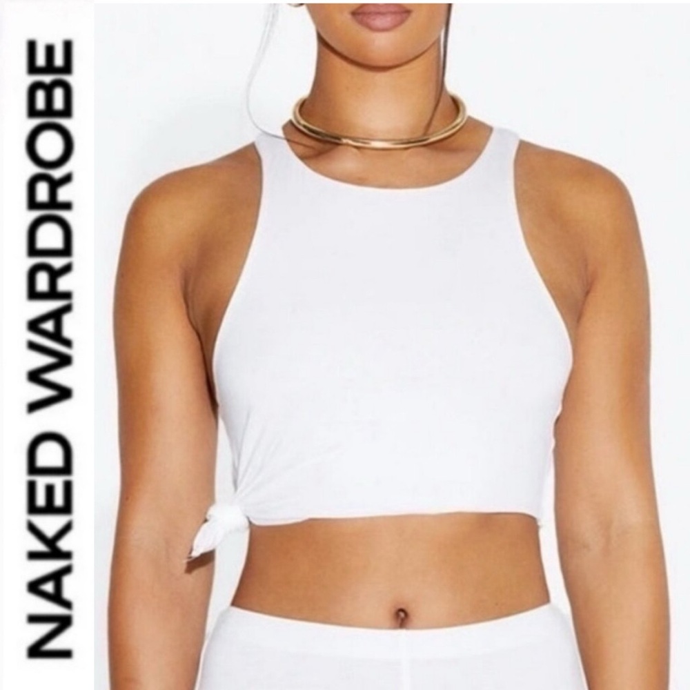 Naked Wardrobel ribbed White Tie-Side-knot angled hem Crop Tank